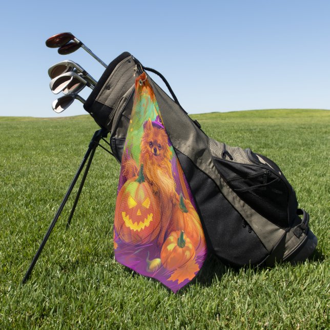 Spooky Pomeranian Dog Halloween Witch And Pumpkin Golf Towel (Green)