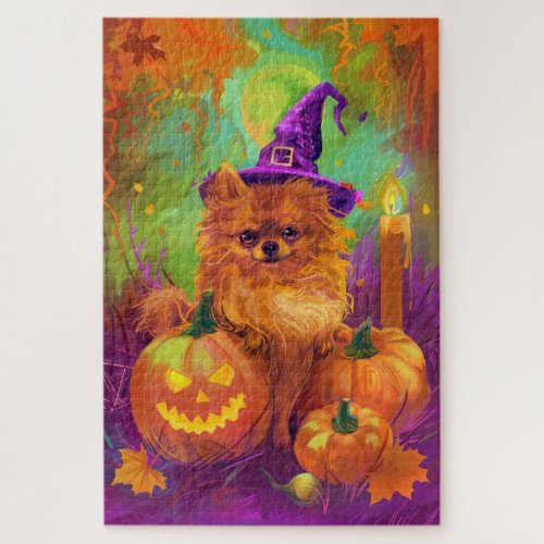 Spooky Pomeranian Dog Halloween Witch And Pumpkin Jigsaw Puzzle