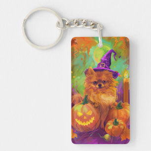 Spooky Pomeranian Dog Halloween Witch And Pumpkin Keychain