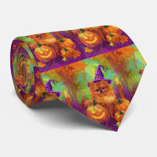Spooky Pomeranian Dog Halloween Witch And Pumpkin Neck Tie