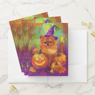 Spooky Pomeranian Dog Halloween Witch And Pumpkin Pocket Folder