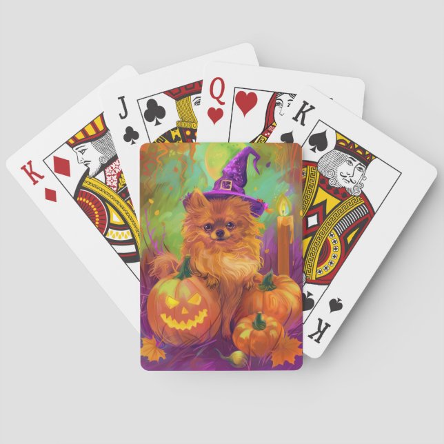 Spooky Pomeranian Dog Halloween Witch And Pumpkin Poker Cards (Back)