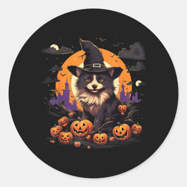 Spooky Pomsky Dog Witch Halloween Classic Round Sticker (Front)