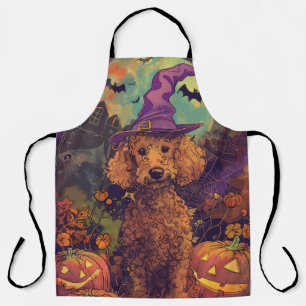 Spooky Poodle Dog Halloween Witch And Pumpkin Apron