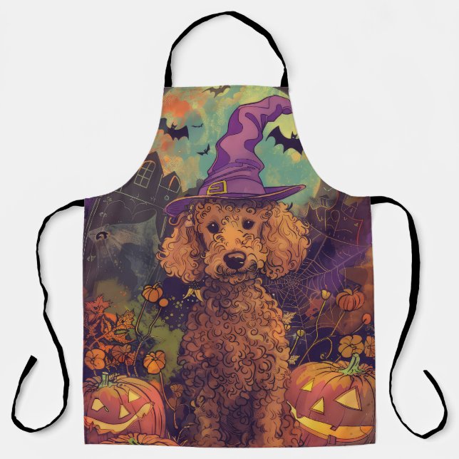 Spooky Poodle Dog Halloween Witch And Pumpkin Apron (Front)