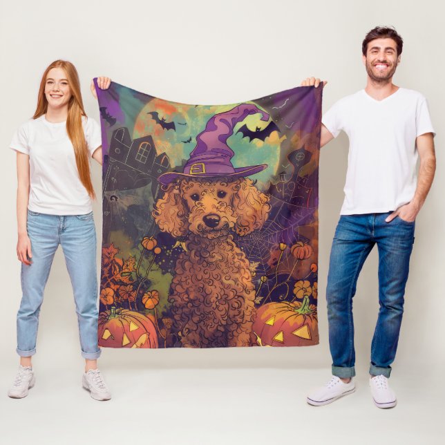 Spooky Poodle Dog Halloween Witch And Pumpkin Fleece Blanket (In Situ)