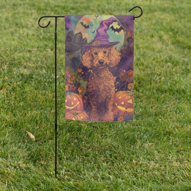 Spooky Poodle Dog Halloween Witch And Pumpkin Garden Flag (In SItu)