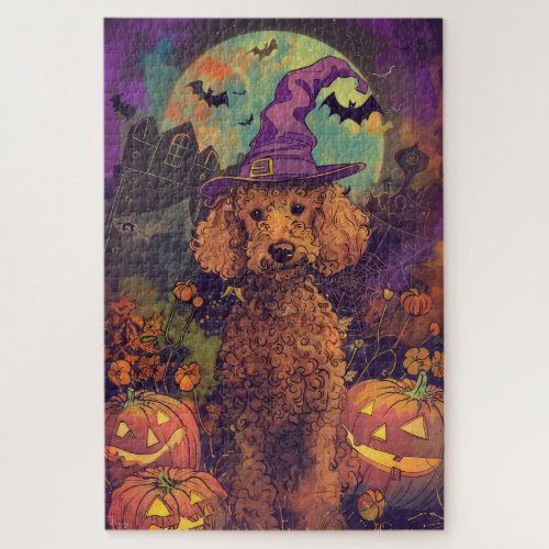 Spooky Poodle Dog Halloween Witch And Pumpkin Jigsaw Puzzle