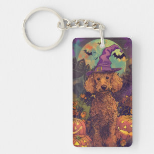 Spooky Poodle Dog Halloween Witch And Pumpkin Keychain