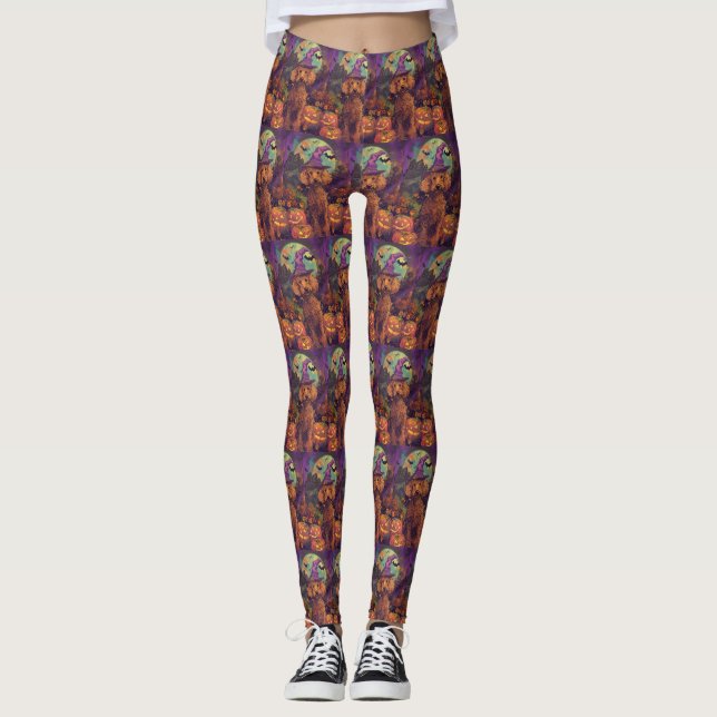 Spooky Poodle Dog Halloween Witch And Pumpkin Leggings (Front)