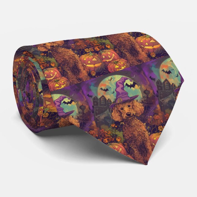 Spooky Poodle Dog Halloween Witch And Pumpkin Neck Tie (Rolled)