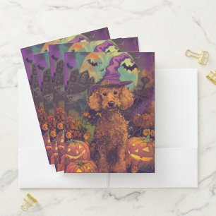 Spooky Poodle Dog Halloween Witch And Pumpkin Pocket Folder