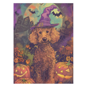 Spooky Poodle Dog Halloween Witch And Pumpkin Tablecloth