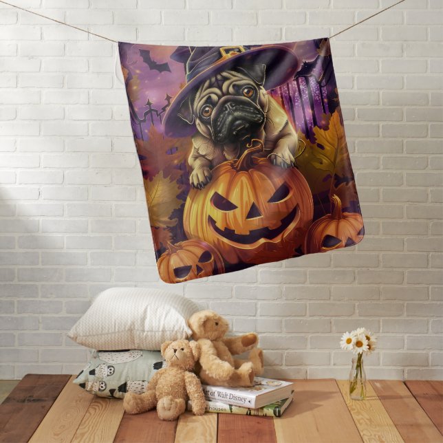 Spooky Pug Dog Halloween Witch And Pumpkin Baby Blanket (In Situ)