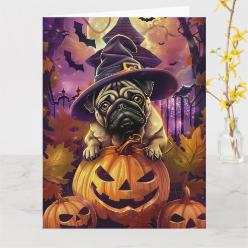 Spooky Pug Dog Halloween Witch And Pumpkin Card