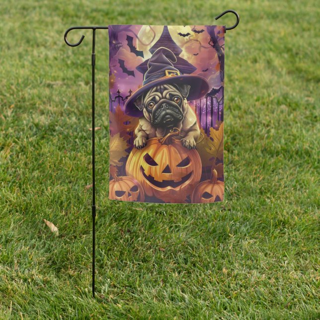 Spooky Pug Dog Halloween Witch And Pumpkin Garden Flag (In SItu)