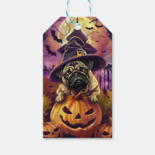 Spooky Pug Dog Halloween Witch And Pumpkin Gift Tags