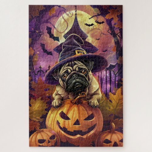 Spooky Pug Dog Halloween Witch And Pumpkin Jigsaw Puzzle