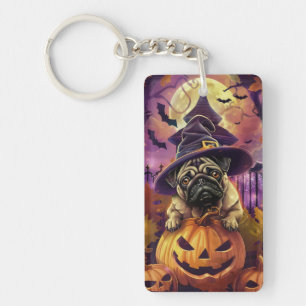 Spooky Pug Dog Halloween Witch And Pumpkin Keychain