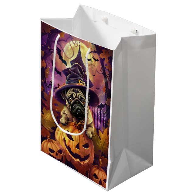 Spooky Pug Dog Halloween Witch And Pumpkin Medium Gift Bag (Front Angled)
