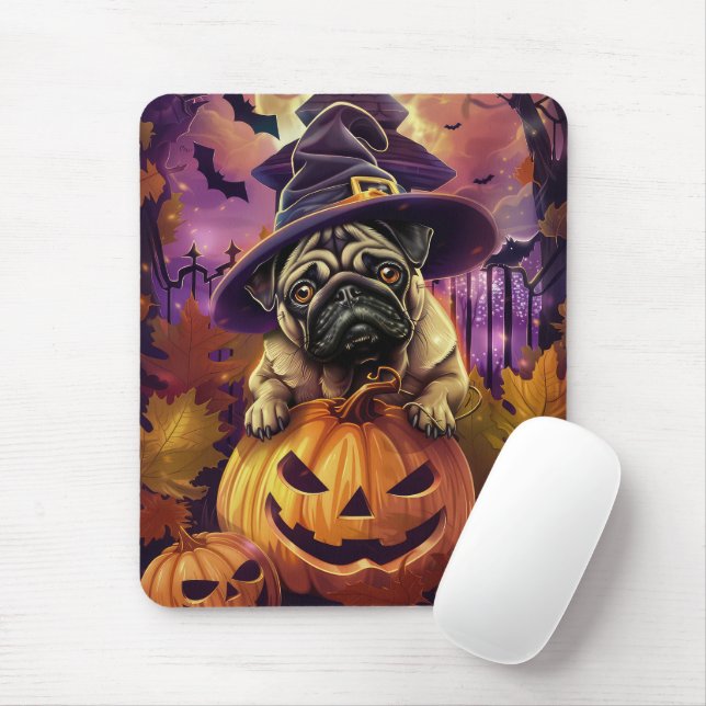 Spooky Pug Dog Halloween Witch And Pumpkin Mouse Pad (With Mouse)