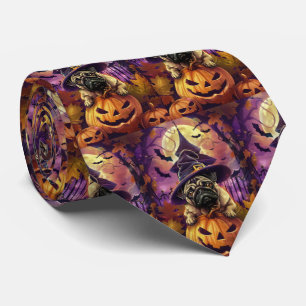 Spooky Pug Dog Halloween Witch And Pumpkin Neck Tie