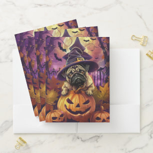 Spooky Pug Dog Halloween Witch And Pumpkin Pocket Folder