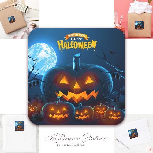  Spooky Pumphins Bats Full Moon Happy Halloween Square Sticker