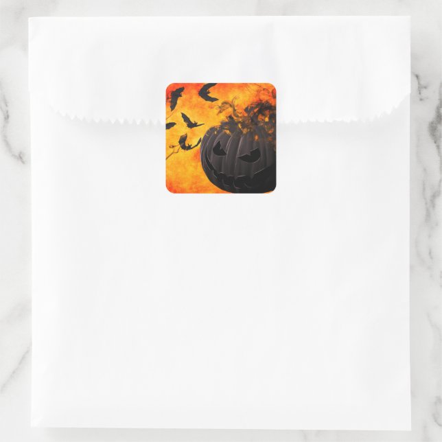 Spooky pumpkin and bats illustration square sticker (Bag)