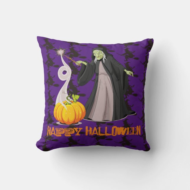 Spooky Pumpkin and Witch Throw Pillow (Front)