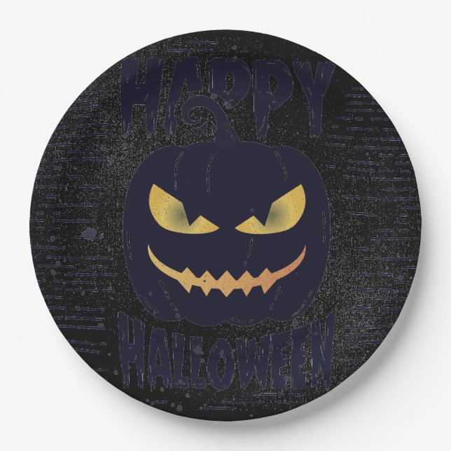 Spooky Pumpkin Black Halloween party Paper Plates (Front)