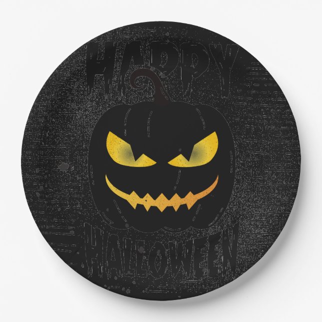 Spooky Pumpkin Black Halloween party Paper Plates (Front)