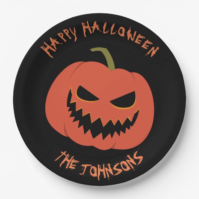 Spooky Pumpkin Black Halloween party your name Paper Plates (Front)