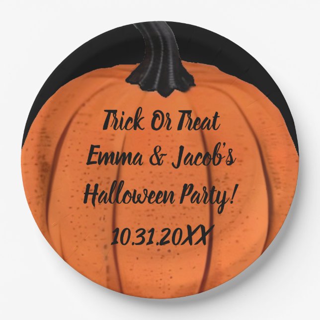 Spooky Pumpkin Design with Custom Text Options Paper Plates (Front)