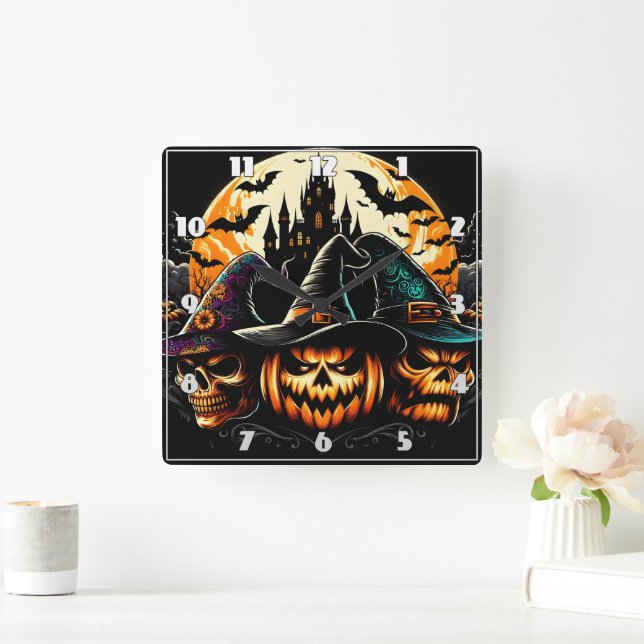 Spooky pumpkin display with witches and a castle square wall clock (Home)