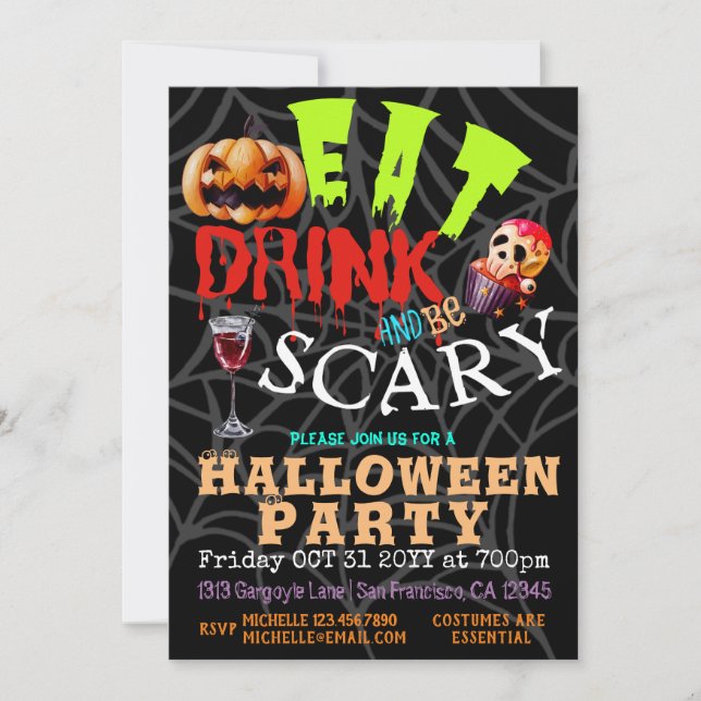 Spooky Pumpkin Eat Drink & be Scary Halloween  Invitation (Front)