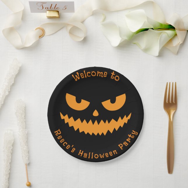 Spooky Pumpkin Face Kids Halloween Party Paper Plates (Wedding)