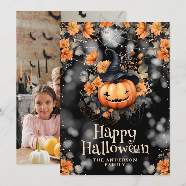 Spooky Pumpkin Family Photo Happy Halloween Card (Front/Back)