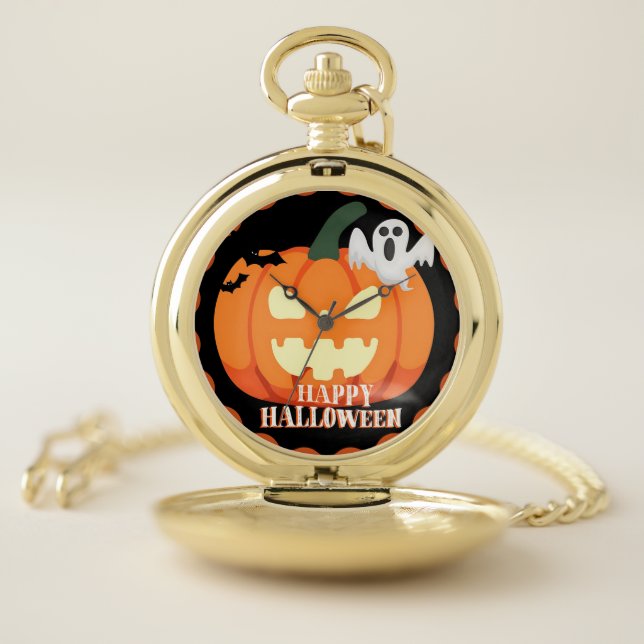 Spooky Pumpkin & Ghost Halloween clock Pocket Watch (Inside)