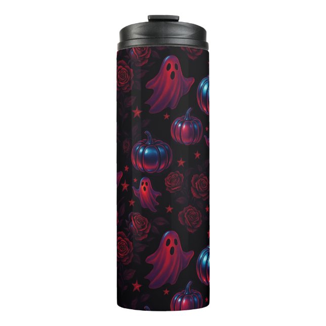 Spooky Pumpkin Ghost Rose Thermal Tumbler (Front)