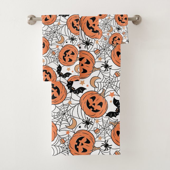 Spooky Pumpkin Halloween Pattern Bath Towel Set (Insitu)