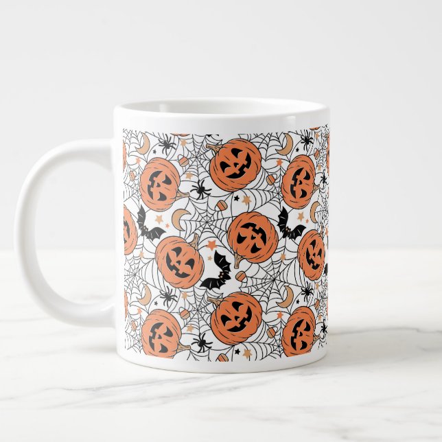 Spooky Pumpkin Halloween Pattern Giant Coffee Mug (Left)