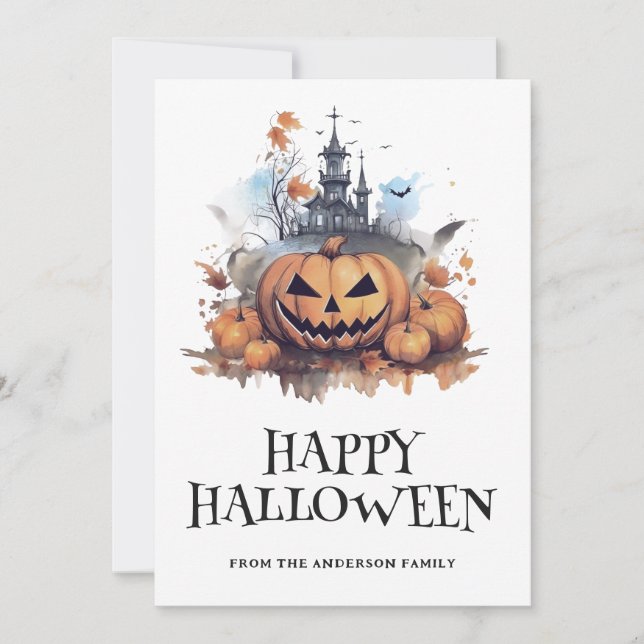 Spooky Pumpkin Haunted House Happy Halloween Card (Front)
