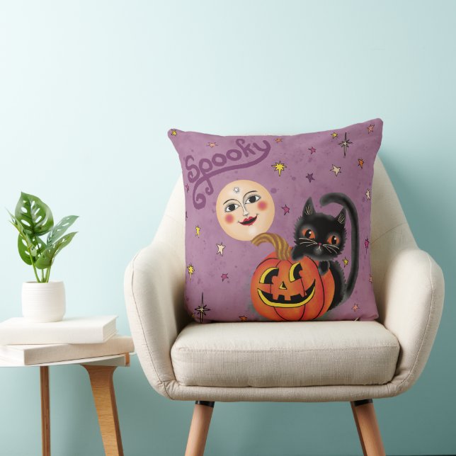 Spooky Pumpkin Kitten Moon - Light Purple Throw Pillow (Chair)