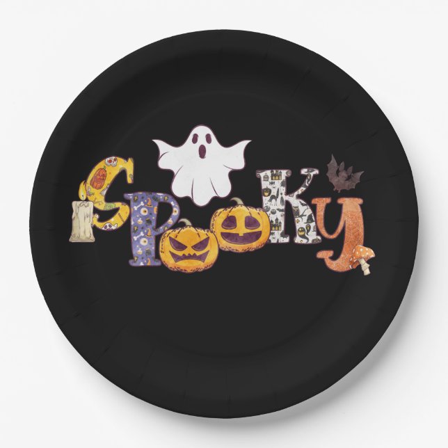 Spooky Pumpkin Mushroom Ghost Bat Halloween Paper Plates (Front)