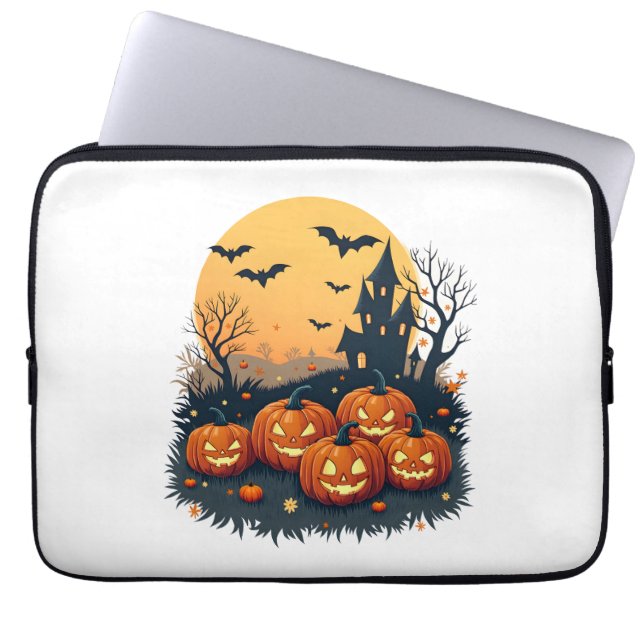 Spooky Pumpkin Patch – Retro Halloween Tee Laptop Sleeve (Front)