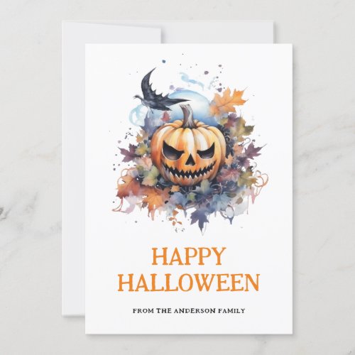 Spooky Pumpkin Raven Happy Halloween Holiday Card