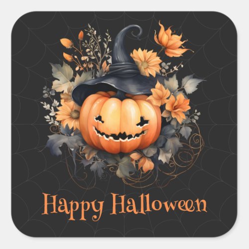 Spooky Pumpkin Web Black Orange Happy Halloween  Square Sticker