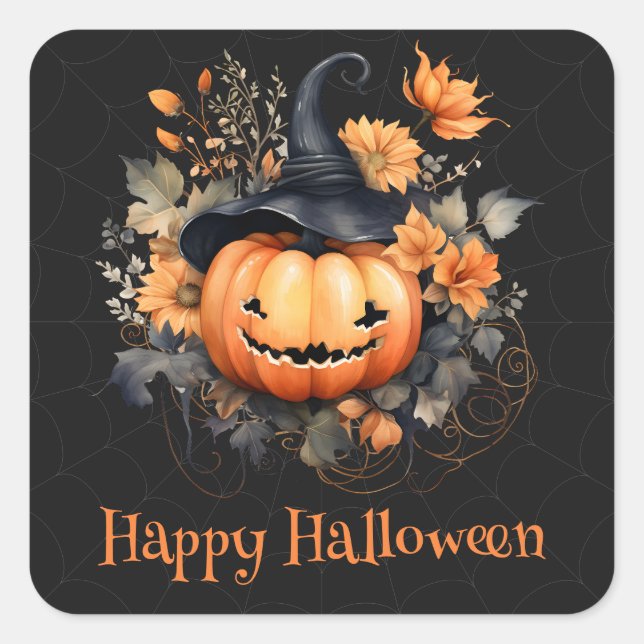 Spooky Pumpkin Web Black Orange Happy Halloween  Square Sticker (Front)