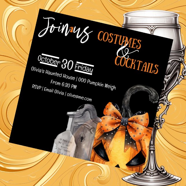 Spooky Pumpkin with Bow Hiding Behind Tombstones Invitation (Spooky season pumpkin and tombstone customizable Halloween party invitation)